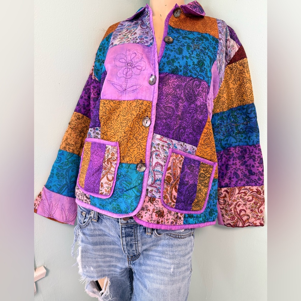 💫Vibrant Vintage Handmade Colorful Fairycore Floral Paisley Patchwork Jacket - Picture 12 of 14